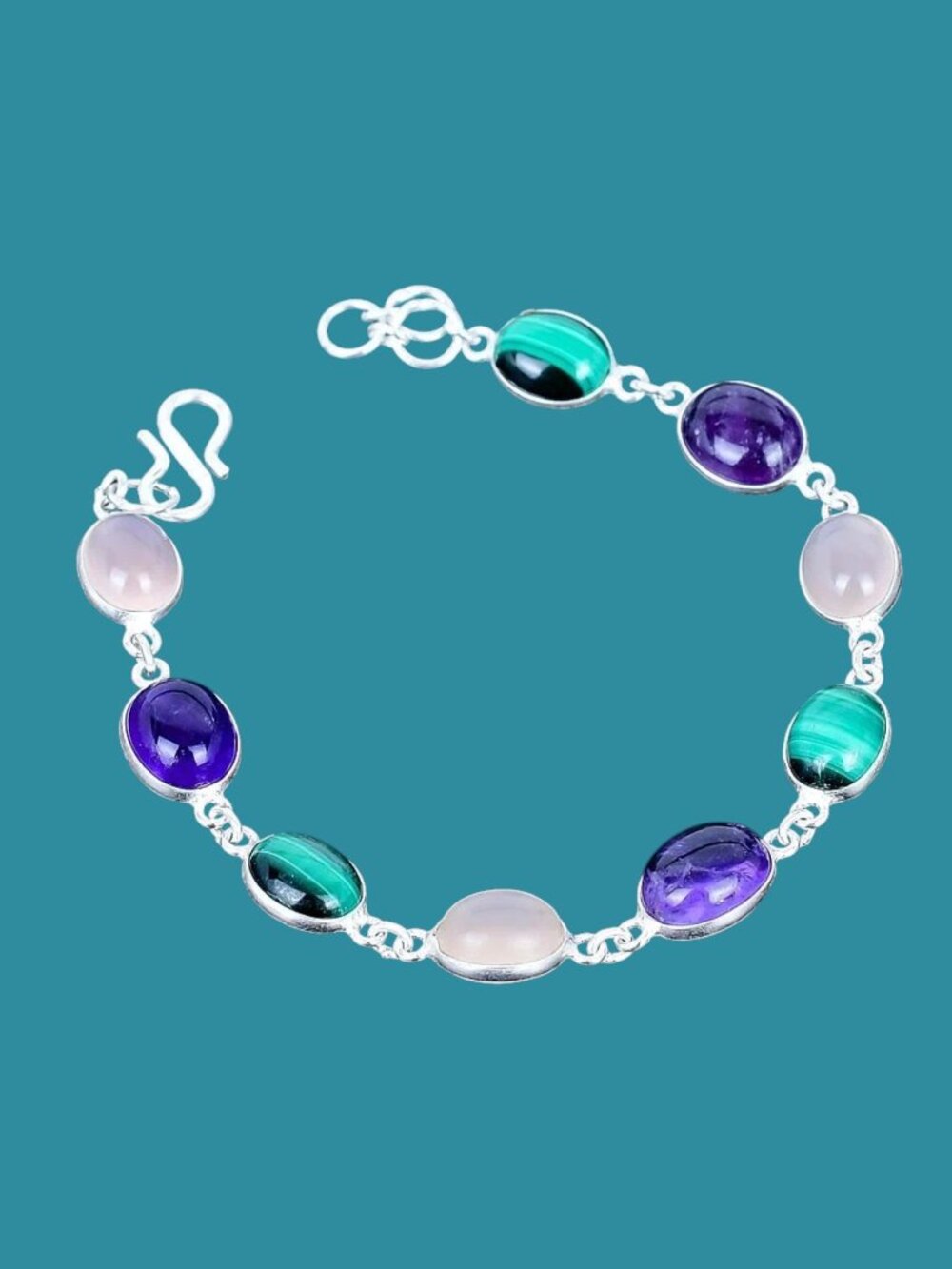 Quartz, Amethyst, and Malachite 925 Silver Plated Bracelet 7-8"